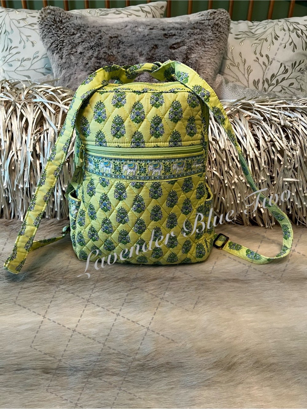 Vintage VERA BRADLEY Citron 2006 Zip Front Small Backpack Elephants Y2K Yellow